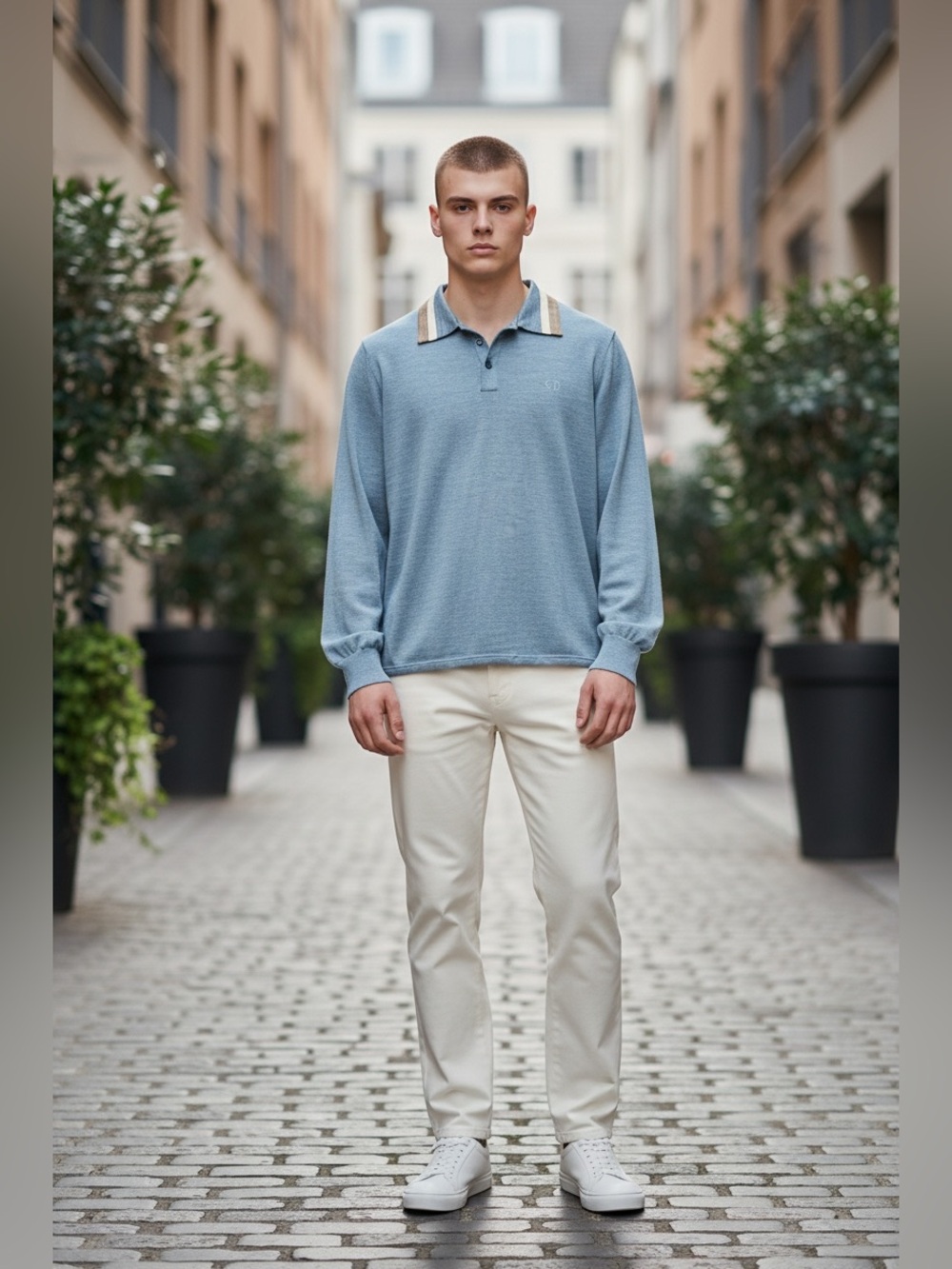 Dior Men's Light Blue Long Sleeve Polo with Beige Trim